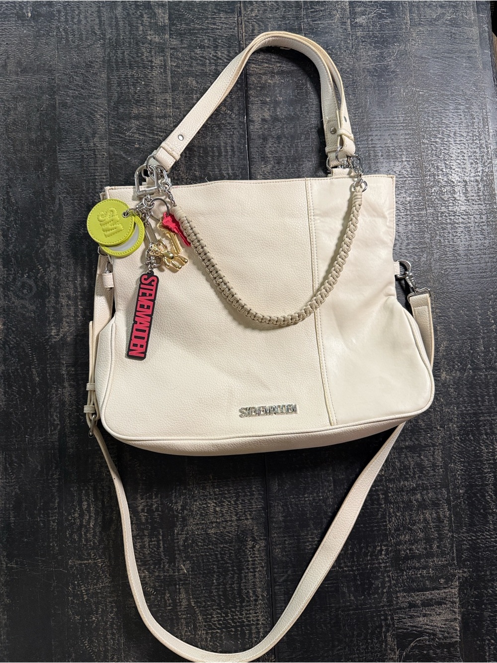 Steve Madden Bbodie Vanilla Leather bag fold over Braided Chain & Charm Accents